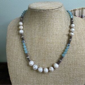Blue Crystal and Genuine Pearl Necklace 925 Sterling Clasp 20”
